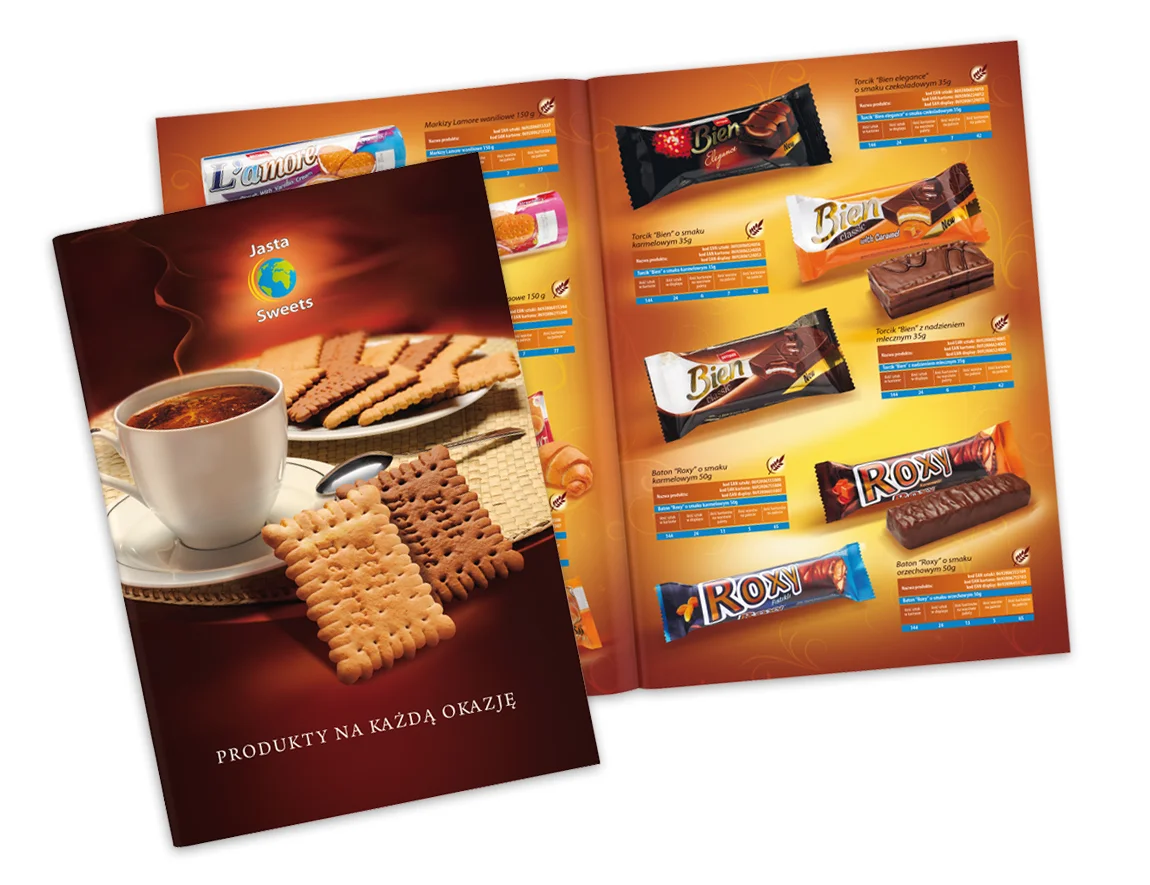 Katalog Jasta Sweets z kawą i ciasteczkami na okładce